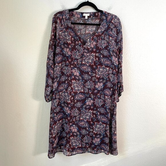 Garnet Hill Womens Size 14 Floral 100% Silk Shift Dress V Neck Lined Knee Length - Picture 1 of 9
